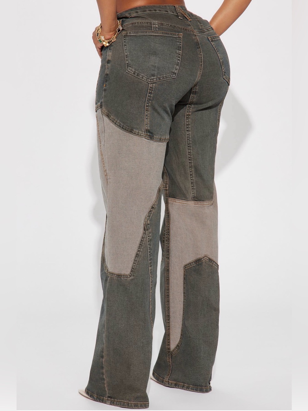 Fashion Nova Women's Straight Patchwork Jeans in Olive & Light Gray